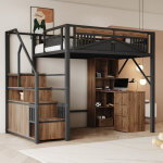 Lit mezzanine 140x200 cm barri�re de s�curit� �chelle de s�curit� avec armoire de rangement, cadre en ...