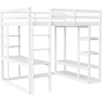 Lit mezzanine 140x200 cm en bois massif avec bureau, �tag�res et penderie, blanc