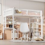 Lit mezzanine 140x200 cm avec bureau, armoire et tagres - structure en mtal - lit adulte gain de place ...