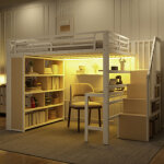 Lit mezzanine 140x200 cm avec bureau et led - structure fer, escalier rangement et compartiments - blanc ...