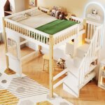 Lit mezzanine 140x200 cm, lit double avec led, �chelle de rangement, bureau et prise �lectrique, en bois, ...