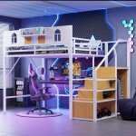 Lit mezzanine 140x200 cm, lit enfant avec �chelle de rangement, structure m�tallique antichute, design ...