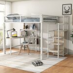 Lit mezzanine 140x200 cm, lit en fer avec chelle de rangement, tagres, armoire et bureau, en mtal, ...