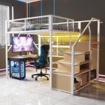 Lit mezzanine 140x200 cm, lit en fer forg, avec bande lumineuse led orientable, escalier avec rangement, ...