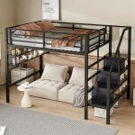 Lit mezzanine 140x200 cm, lit en fer, lit jeune, tagres, chelle de rangement, mains courantes (sans ...