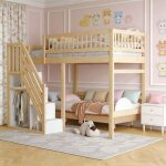 Lit mezzanine 140x200 - escalier avec armoire - bois massif - 2 places - style scandinave