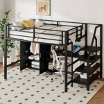 Lit mezzanine 140x200 noir : armoire, �tag�res et bureau. �chelle rangement, gain de place (sans matelas) ...