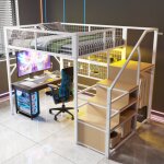 Lit mezzanine 140x200cm, lit adulte avec �clairage led, escalier de rangement, penderie ouverte, garde ...