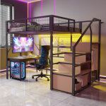 Lit mezzanine 140x200cm, lit adulte avec �clairage led, escalier de rangement, penderie ouverte, garde ...