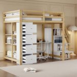 Lit mezzanine 140x200cm en bois massif - avec 4 tiroirs et escalier de rangement - naturel (matelas non ...