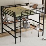 Lit mezzanine 140x200 cm, lit double avec table, �tag�res et biblioth�que, en m�tal, noir, sans matelas ...