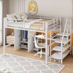 Lit mezzanine 140x200cm, lit enfant avec penderie + bureau + �tag�re de rangement, snas matelas, cadre ...