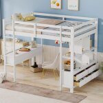 Lit mezzanine 140x200cm, lit enfant avec tiroirs de rangement et bureau sous le lit, sans matelas, blanc ...