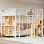 Lit mezzanine 140x200cm en métal - avec étagères et escalier - blanc (matelas non inclus) Lit mezzanine 140x200cm en métal - avec étagères et escalier - blanc (matelas non inclus)