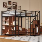 Lit mezzanine 140x200cm en métal - avec étagères et escalier - noir (matelas non inclus) Lit mezzanine 140x200cm en métal - avec étagères et escalier - noir (matelas non inclus)