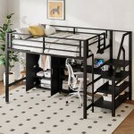 Lit mezzanine 140x200cm avec penderie et bureau, en m�tal, sans matelas, lit simple, noir