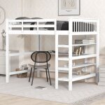 Modernluxe - lit mezzanine 140x200cm en pin massif avec bureau et étagère de rangement - blanc Modernluxe - lit mezzanine 140x200cm en pin massif avec bureau et étagère de rangement - blanc