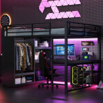 Lit mezzanine 160x200 cm avec �clairage led, bureau, armoire ouverte, cadre en m�tal, couleur noire (sans ...