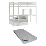 Lit mezzanine 90 x 200 cm avec bureau, sofa convertible et rangements - pin massif - blanchi + matelas ...