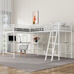 Lit mezzanine 90x200 cm, lit superposé, cadre en métal, lit 2 personnes, avec table, escalier et rampes ... Lit mezzanine 90x200 cm, lit superposé, cadre en métal, lit 2 personnes, avec table, escalier et rampes ...