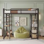 Lit mezzanine 90 x 200 cm, lit enfant avec bureau et rangement, barri�re de s�curit�, cadre de lit en ...
