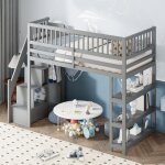 Lit mezzanine 90 x 200 cm, lit enfant, avec penderie et étagères de rangement, escalier de rangement, ... Lit mezzanine 90 x 200 cm, lit enfant, avec penderie et étagères de rangement, escalier de rangement, ...