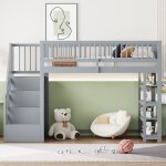 Lit mezzanine 90 x 200 cm, lit enfant avec penderie et rangements, chelle de scurit, barrires antichute, ...