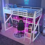 Lit mezzanine 90 x 200 cm lit enfant avec structure en fer, éclairage led, escalier et table, en métal, ... Lit mezzanine 90 x 200 cm lit enfant avec structure en fer, éclairage led, escalier et table, en métal, ...