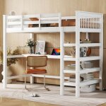 Lit mezzanine 90x200 cm lit enfant avec rangements et bureau sous le lit, en bois de pin, blanc, sans ... Lit mezzanine 90x200 cm lit enfant avec rangements et bureau sous le lit, en bois de pin, blanc, sans ...