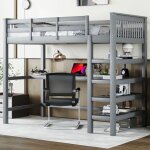Lit mezzanine 90x200 cm lit enfant avec rangements et bureau sous le lit, en bois de pin, gris, sans ... Lit mezzanine 90x200 cm lit enfant avec rangements et bureau sous le lit, en bois de pin, gris, sans ...