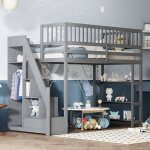 Lit mezzanine 90 x 200, meuble haut de scurit design avec penderie, tagres et rangements avec chelle ...