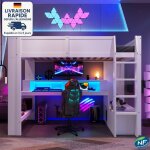 Lit mezzanine 90 x 200cm - lit adulte / enfant mezzanine - bureau avec �clairage led, tiroirs, �tag�res, ...