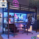 Lit mezzanine 90 x 200cm - lit en m�tal - style industriel - avec lumi�re led, bureau, prise + usb, 3 ...