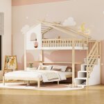 Lit mezszanine 90 / 140x200 cm lit enfant, lit cabane avec barrires de scurit et chelle de rangement, ...