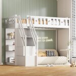 Lit mezzanine 90x200 cm lit enfant avec échelle et étagères de rangement, en bois massif, blanc, sans ... Lit mezzanine 90x200 cm lit enfant avec échelle et étagères de rangement, en bois massif, blanc, sans ...