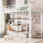 Okwish ? lit mezzanine 90x200 cm en m�tal blanc ? bureau int�gr� et �tag�res ? balustrade et �chelle ...
