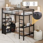 Lit mezzanine 90x200 cm, lit en fer avec bureau, prise usb, �tag�res, armoire de rangement, �chelle et ...