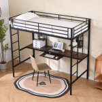 Lit mezzanine 90x190 cm avec bureau int�gr�, cadre en m�tal noir, design moderne, gain de place pour ...