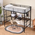 Lit mezzanine 90x190 cm avec bureau intgr, cadre en mtal noir, design moderne, gain de place pour ...