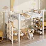Lit mezzanine 90x200 blanc - penderie, tagres et rangements intgrs - escalier scuris - haute garde ...