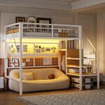 Lit mezzanine 90x200 cm, 1 place, avec lumire led contrlable via app, escalier avec rangement et penderie ...