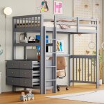 Lit mezzanine 90x200 cm, lit enfant avec commode � 6 tiroirs, �tag�res et barri�res, en bois de pin, ...