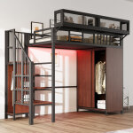 Lit mezzanine 90x200 cm avec armoire, �chelle rangement et led, structure m�tal et bois, noir