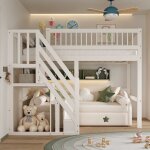Lit mezzanine 90x200 cm - lit en bois massif, avec escalier de rangement et garde - corps hauts, cadre ... Lit mezzanine 90x200 cm - lit en bois massif, avec escalier de rangement et garde - corps hauts, cadre ...