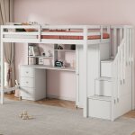 Lit mezzanine 90x200 cm en bois, lit simple pour enfant avec bureau et armoire, �tag�re, tiroirs et escaliers ...