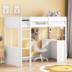 Lit mezzanine 90x200 cm, avec bureau, escalier, sommier  lattes, fentre, clture de scurit, lit enfant ...
