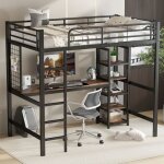 Nmonet - lit mezzanine 90x200 cm, cadre de lit en mtal avec bureau et 5 tagres de rangement, lit pour ...