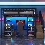 Lit mezzanine 90x200 cm cadre m�tal avec �tag�re, �chelle rangement, bureau, bandeau led, port usb inclus, ...