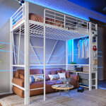 Lit mezzanine 90x200 cm con led structure en fer avec �tendoir �tag�res 4 tiroirs prises usb et type ...