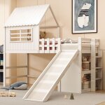 Lit mezzanine 90x200 cm avec design de grenier, escalier, toboggan et rangement, sommier � lattes, lit ...